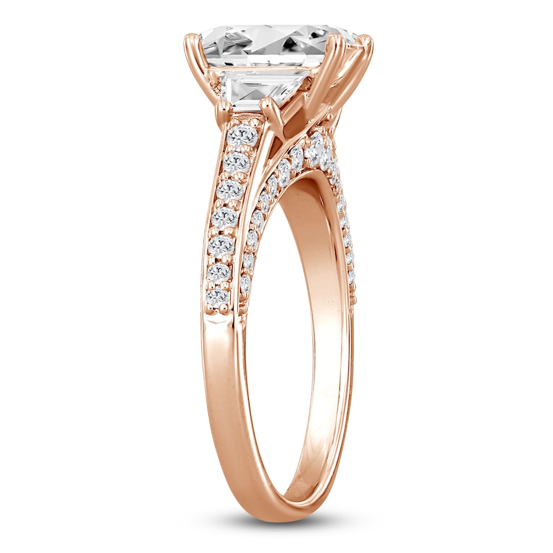 Main Image 2 of Emerald-Cut & Trapezoid-Cut Lab-Created Diamond Three-Stone Engagement Ring 3 ct tw 14K Rose Gold