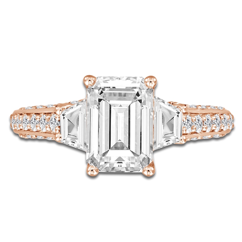 Main Image 3 of Emerald-Cut & Trapezoid-Cut Lab-Created Diamond Three-Stone Engagement Ring 3 ct tw 14K Rose Gold