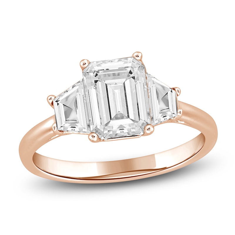 Main Image 1 of Emerald-Cut & Trapezoid-Cut Lab-Created Diamond Three-Stone Engagement Ring 2-3/4 ct tw 14K Rose Gold