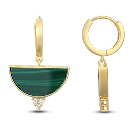 Half-Moon Natural Malachite & Diamond Dangle Hoop Earrings 1/15 ct tw 14K Yellow Gold