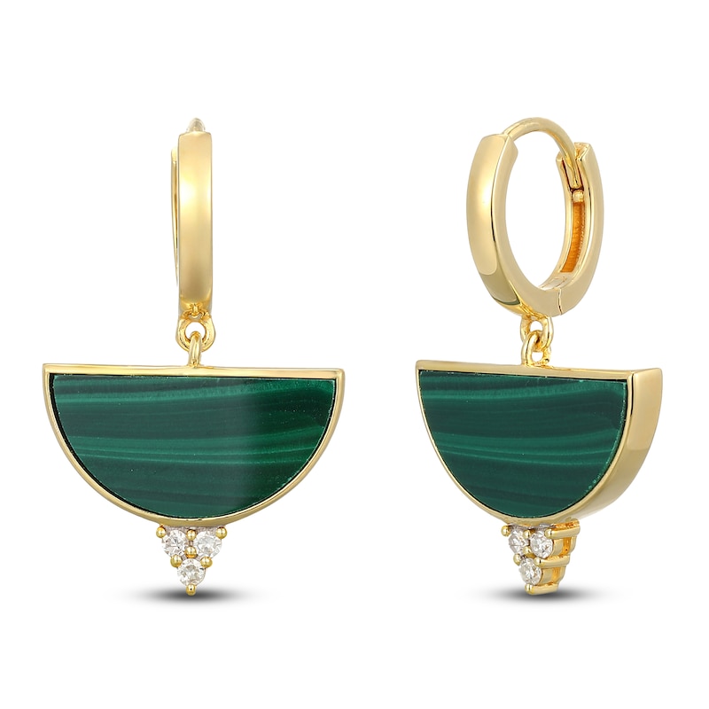 Main Image 2 of Half-Moon Natural Malachite & Diamond Dangle Hoop Earrings 1/15 ct tw 14K Yellow Gold