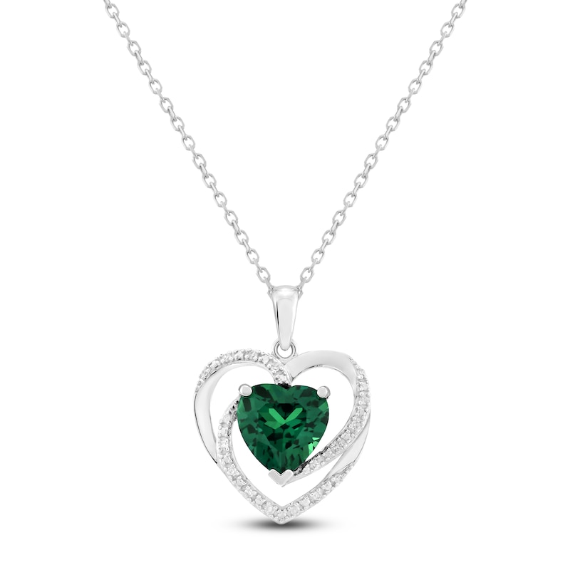 Heart-Shaped Lab-Created Emerald & Diamond Necklace 1/20 ct tw 10K White Gold 18"