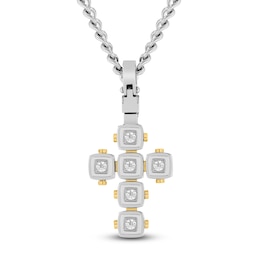 Men's Diamond Cushion Frame Cross Necklace 1/4 ct tw Stainless Steel & Yellow Ion Plating 24&quot;