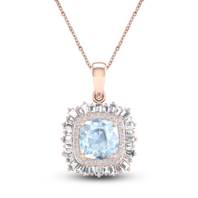 Main Image 1 of Aquamarine Necklace 1/3 ct tw Round/Baguette 10K Rose Gold