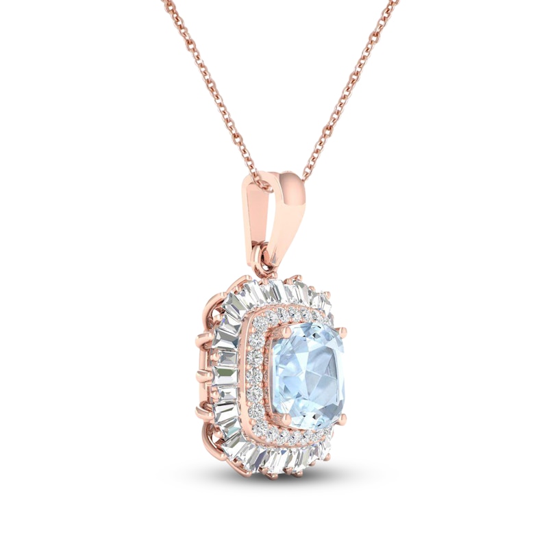 Main Image 2 of Aquamarine Necklace 1/3 ct tw Round/Baguette 10K Rose Gold